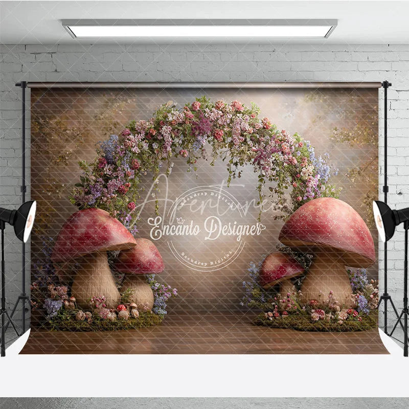 Aperturee - Aperturee Enchanted Forest Photography Backdrop Fairytale Mushroom Arch with Flowers Fine Art Painterly Background