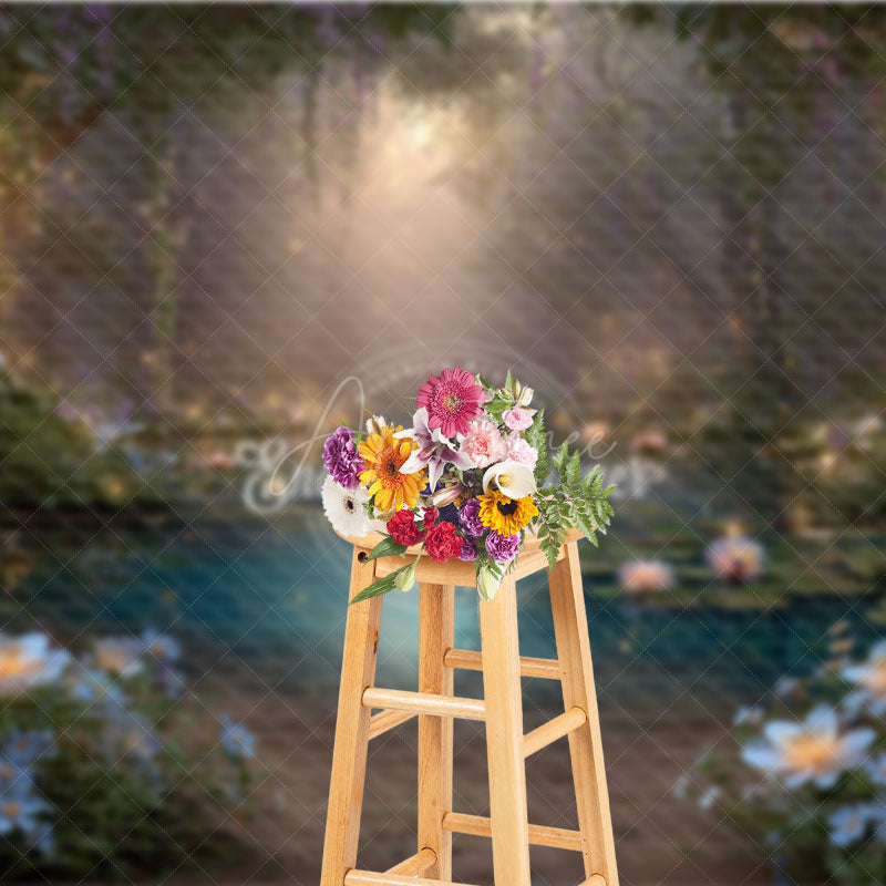 Aperturee - Aperturee Enchanted Forest Photography Backdrop with Magical Glowing Pond Fairy Lights Fairytale Photo Background