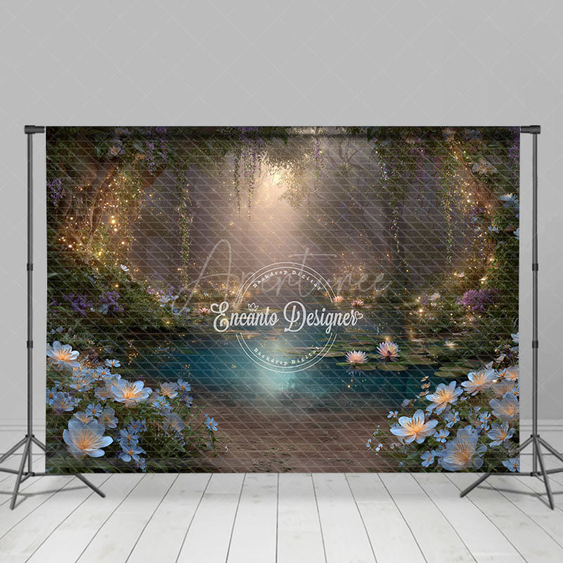 Aperturee - Aperturee Enchanted Forest Photography Backdrop with Magical Glowing Pond Fairy Lights Fairytale Photo Background