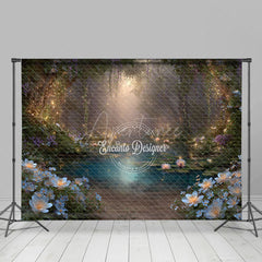 Aperturee - Aperturee Enchanted Forest Photography Backdrop with Magical Glowing Pond Fairy Lights Fairytale Photo Background