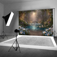 Aperturee - Aperturee Enchanted Forest Photography Backdrop with Magical Glowing Pond Fairy Lights Fairytale Photo Background