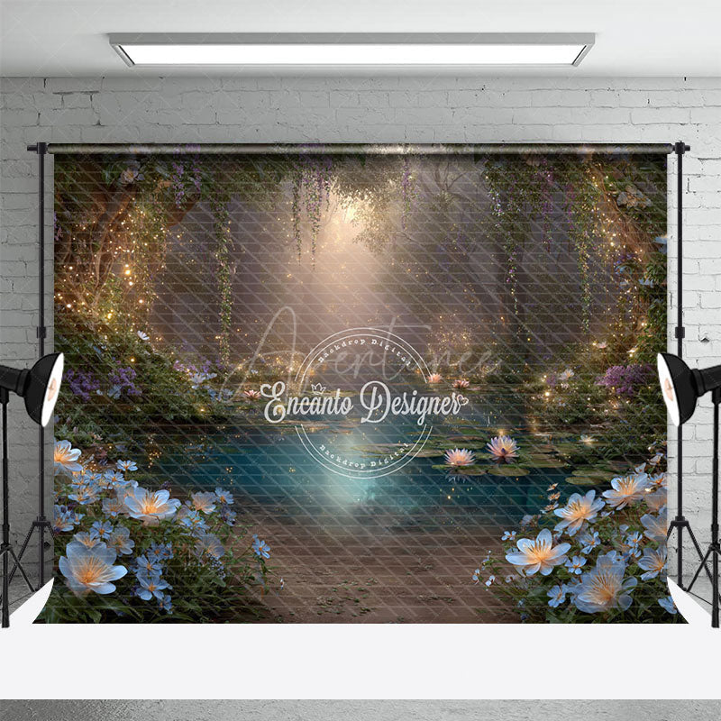 Aperturee - Aperturee Enchanted Forest Photography Backdrop with Magical Glowing Pond Fairy Lights Fairytale Photo Background