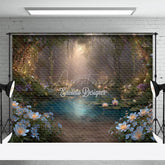 Aperturee - Aperturee Enchanted Forest Photography Backdrop with Magical Glowing Pond Fairy Lights Fairytale Photo Background