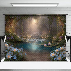 Aperturee - Aperturee Enchanted Forest Photography Backdrop with Magical Glowing Pond Fairy Lights Fairytale Photo Background