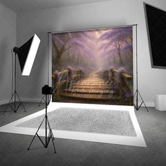 Aperturee - Aperturee Enchanted Forest Photography Backdrop with Wooden Bridge Magical Purple Flowers Fairytale Photo Background
