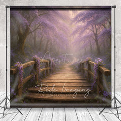 Aperturee - Aperturee Enchanted Forest Photography Backdrop with Wooden Bridge Magical Purple Flowers Fairytale Photo Background