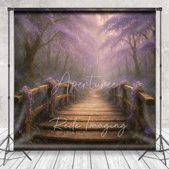 Aperturee - Aperturee Enchanted Forest Photography Backdrop with Wooden Bridge Magical Purple Flowers Fairytale Photo Background