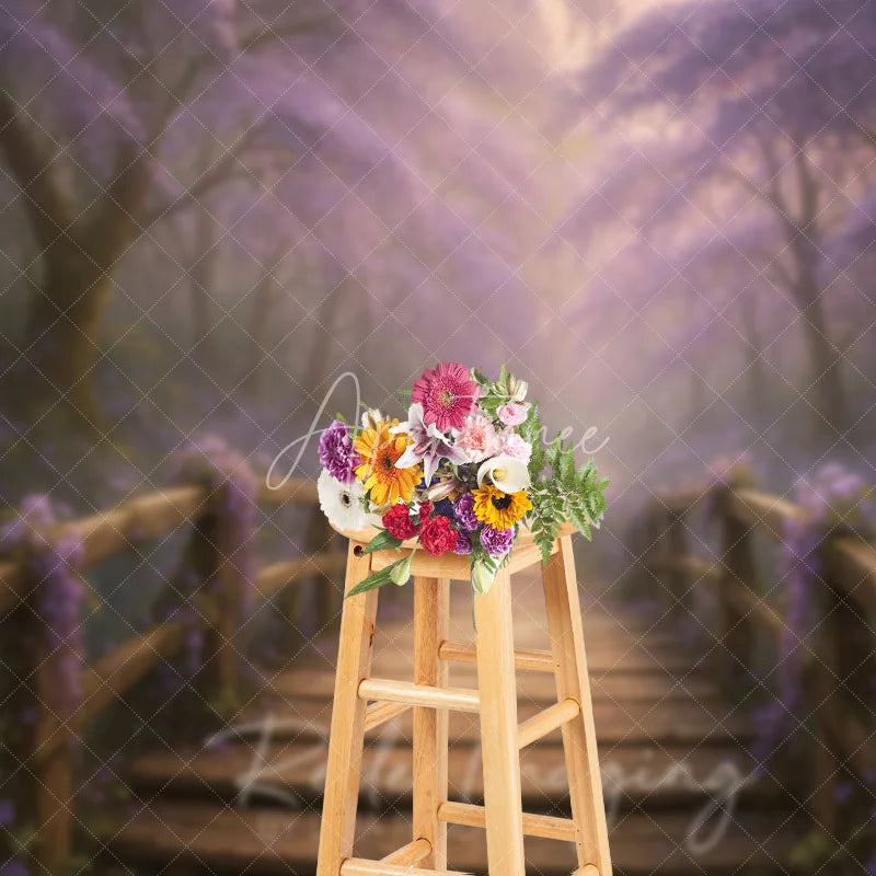Aperturee - Aperturee Enchanted Forest Photography Backdrop with Wooden Bridge Magical Purple Flowers Fairytale Photo Background