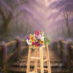 Aperturee - Aperturee Enchanted Forest Photography Backdrop with Wooden Bridge Magical Purple Flowers Fairytale Photo Background