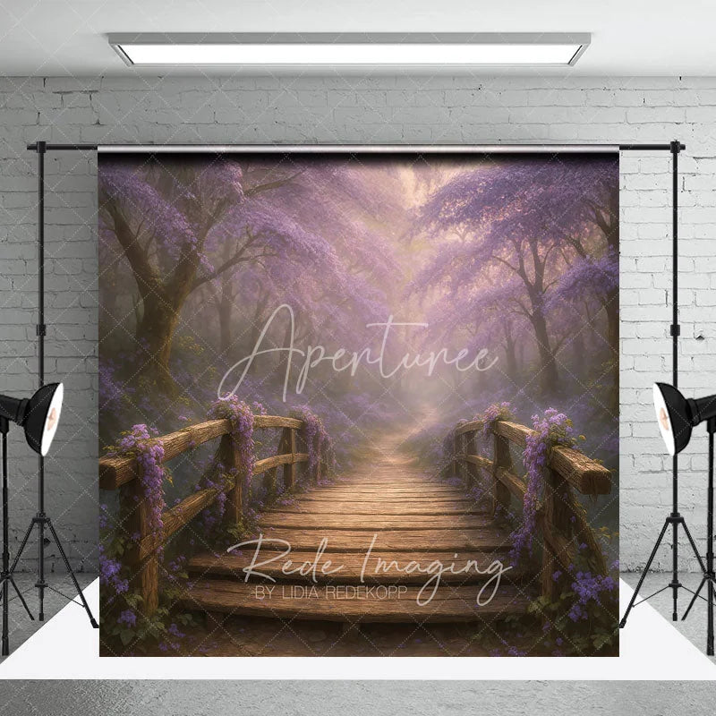 Aperturee - Aperturee Enchanted Forest Photography Backdrop with Wooden Bridge Magical Purple Flowers Fairytale Photo Background