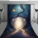 Aperturee - Aperturee Enchanted Forest Sweep Backdrop with Winding Path and Glowing Lanterns Ethereal Light and Mystical Trees