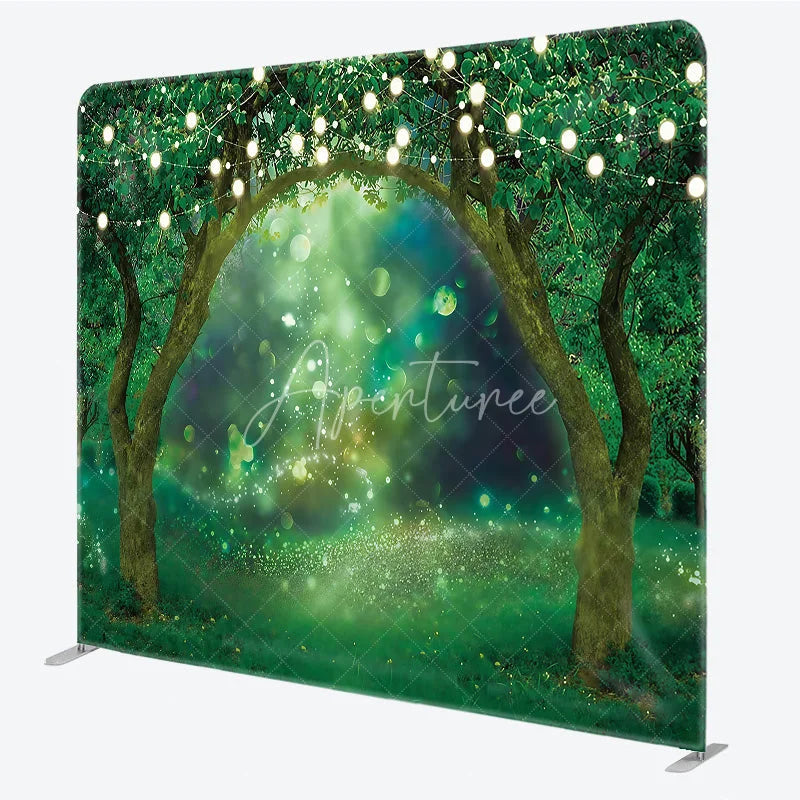 Aperturee - Aperturee Enchanted Forest Tension Fabric Backdrop String Lights Greenery Decor Magical Spring Garden Theme Background