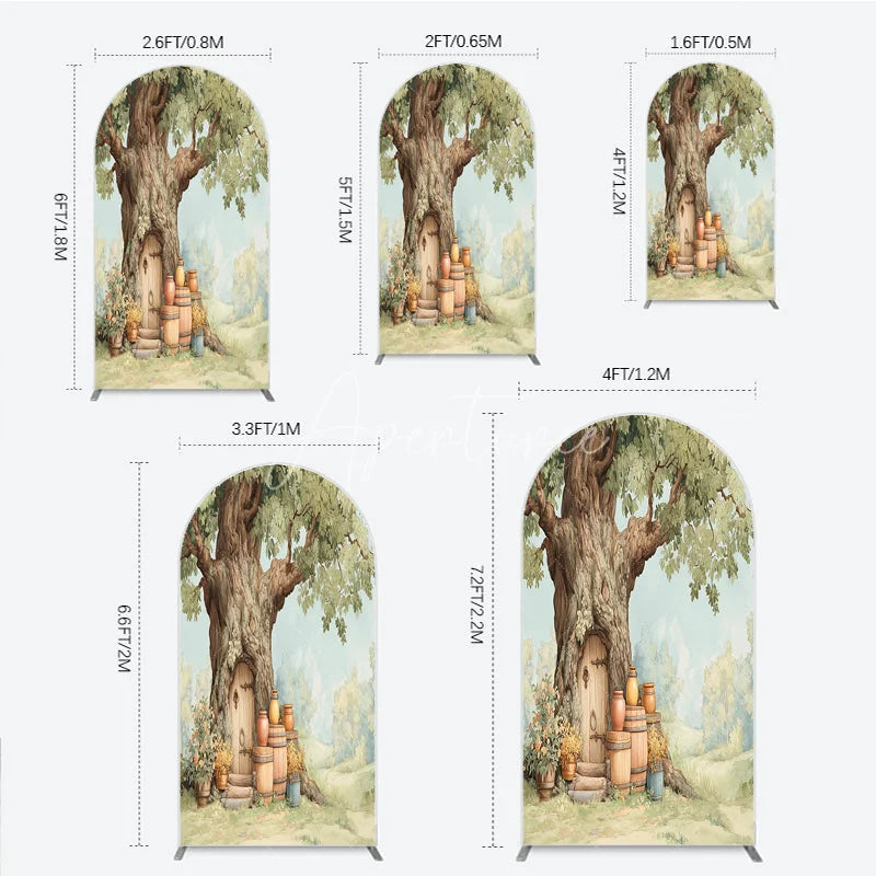 Aperturee - Aperturee Enchanted Forest Tree House Door Round Top Arch Backdrop Whimsical Woodland Fairy Tale Birthday Party Decor