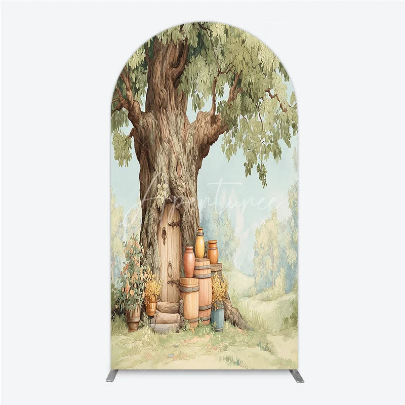 Aperturee - Aperturee Enchanted Forest Tree House Door Round Top Arch Backdrop Whimsical Woodland Fairy Tale Birthday Party Decor