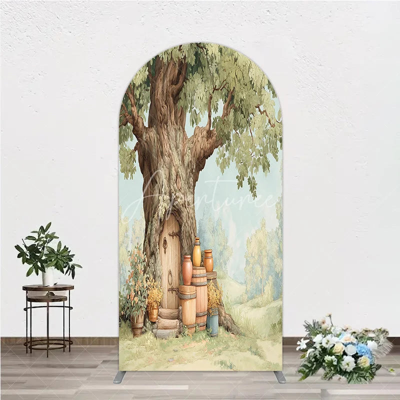 Aperturee - Aperturee Enchanted Forest Tree House Door Round Top Arch Backdrop Whimsical Woodland Fairy Tale Birthday Party Decor