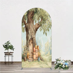 Aperturee - Aperturee Enchanted Forest Tree House Door Round Top Arch Backdrop Whimsical Woodland Fairy Tale Birthday Party Decor