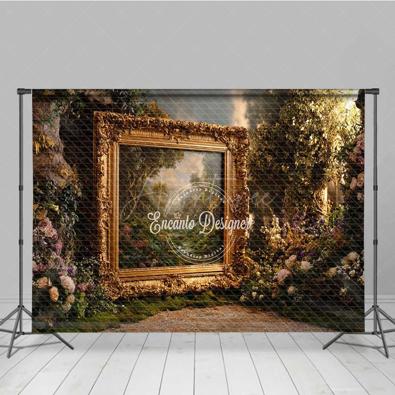 Aperturee - Aperturee Enchanted Forest Wedding Photography Backdrop Ornate Gold Frame in the Woods Fine Art Themed Photo Prop Decor