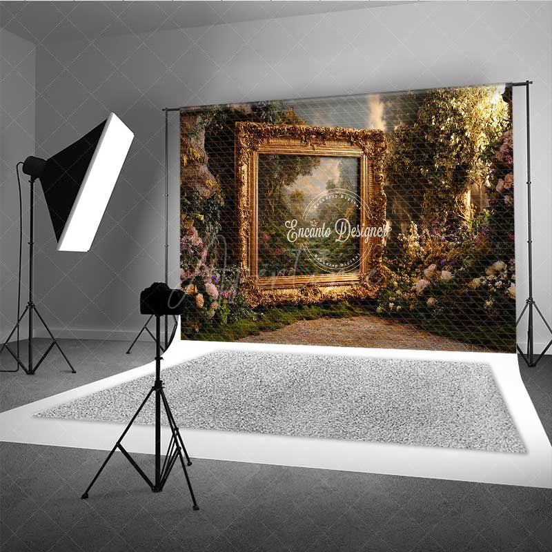 Aperturee - Aperturee Enchanted Forest Wedding Photography Backdrop Ornate Gold Frame in the Woods Fine Art Themed Photo Prop Decor