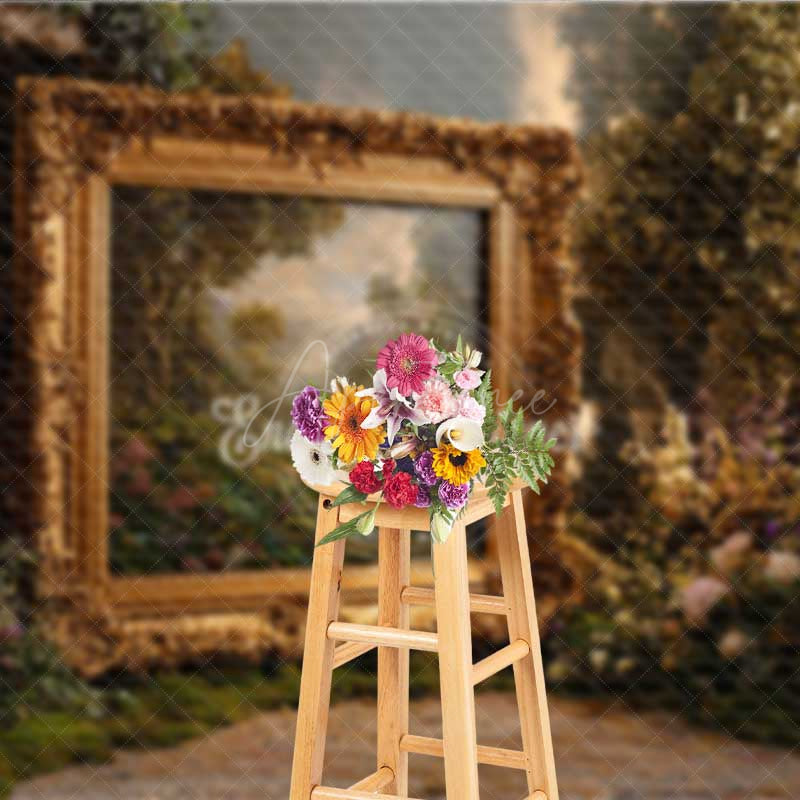 Aperturee - Aperturee Enchanted Forest Wedding Photography Backdrop Ornate Gold Frame in the Woods Fine Art Themed Photo Prop Decor