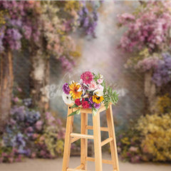 Aperturee - Aperturee Enchanted Forest Wedding Photography Backdrop Rustic Trees with Colorful Flowers Magical Garden Ceremony Prop