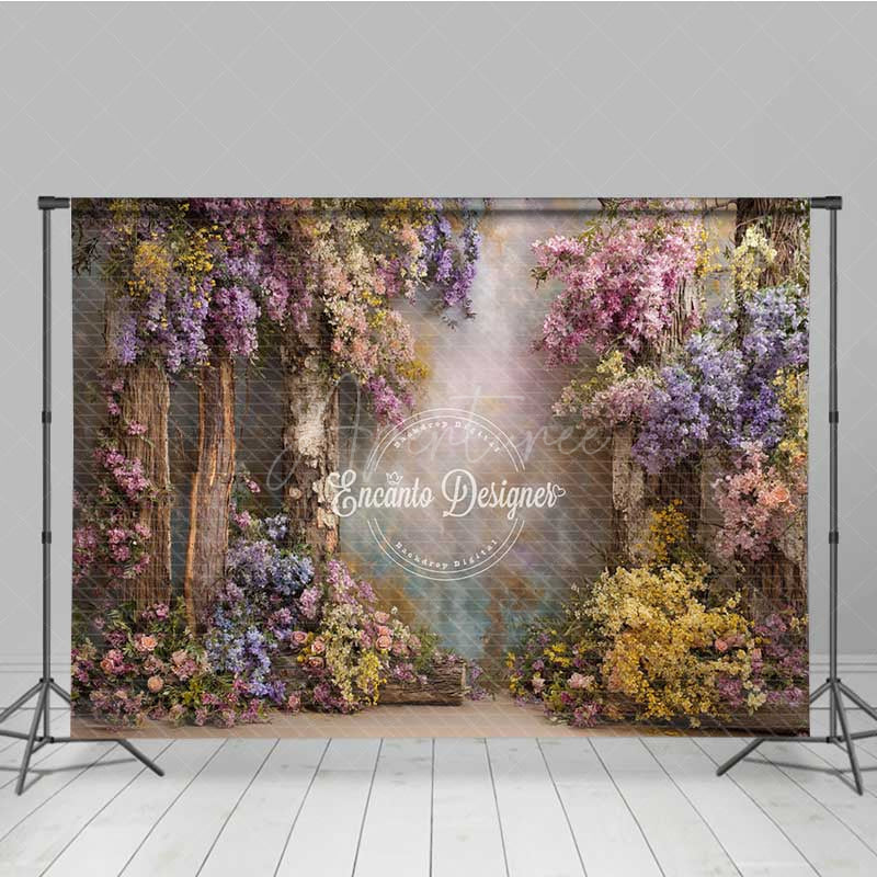 Aperturee - Aperturee Enchanted Forest Wedding Photography Backdrop Rustic Trees with Colorful Flowers Magical Garden Ceremony Prop
