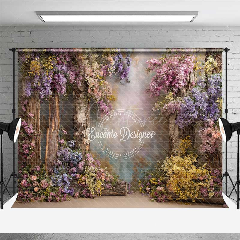 Aperturee - Aperturee Enchanted Forest Wedding Photography Backdrop Rustic Trees with Colorful Flowers Magical Garden Ceremony Prop