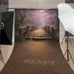 Aperturee - Aperturee Enchanted Forest with Wooden Bridge Sweep Backdrop Magical Purple Flowers Fairytale Photo Studio Floor Drop