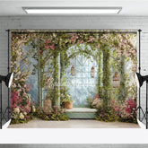 Aperturee - Aperturee Enchanted Garden Archway Photography Backdrop with Pink and White Blossoms Lush Green Vines and Hanging Lanterns