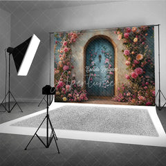 Aperturee - Aperturee Enchanted Garden Door Photography Backdrop Climbing Pink Roses on Blue Door Fairytale Fine Art Photo Background