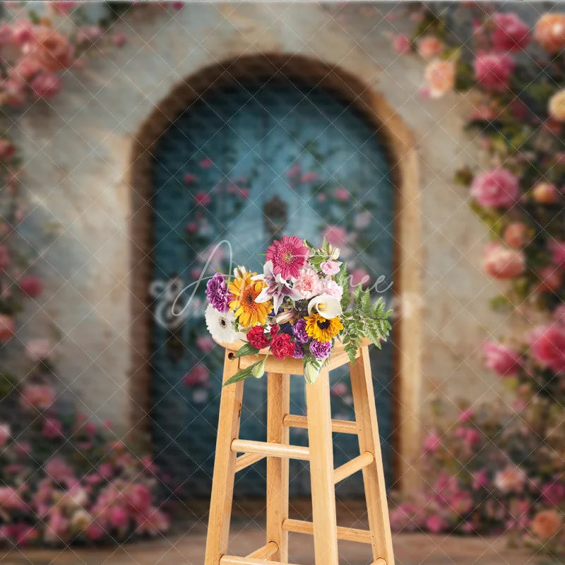 Aperturee - Aperturee Enchanted Garden Door Photography Backdrop Climbing Pink Roses on Blue Door Fairytale Fine Art Photo Background