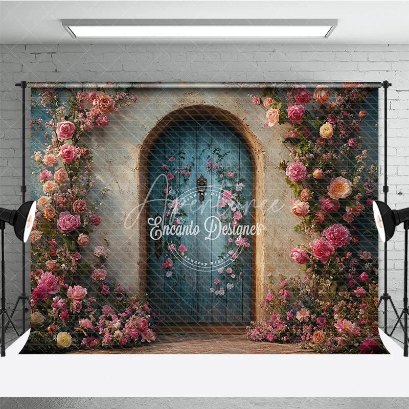 Aperturee - Aperturee Enchanted Garden Door Photography Backdrop Climbing Pink Roses on Blue Door Fairytale Fine Art Photo Background
