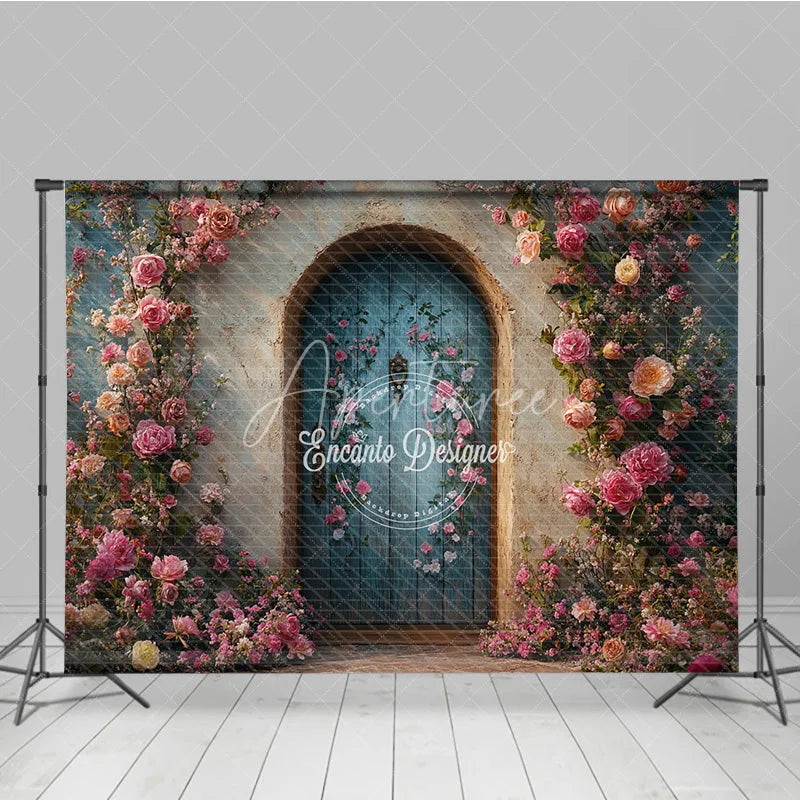 Aperturee - Aperturee Enchanted Garden Door Photography Backdrop Climbing Pink Roses on Blue Door Fairytale Fine Art Photo Background