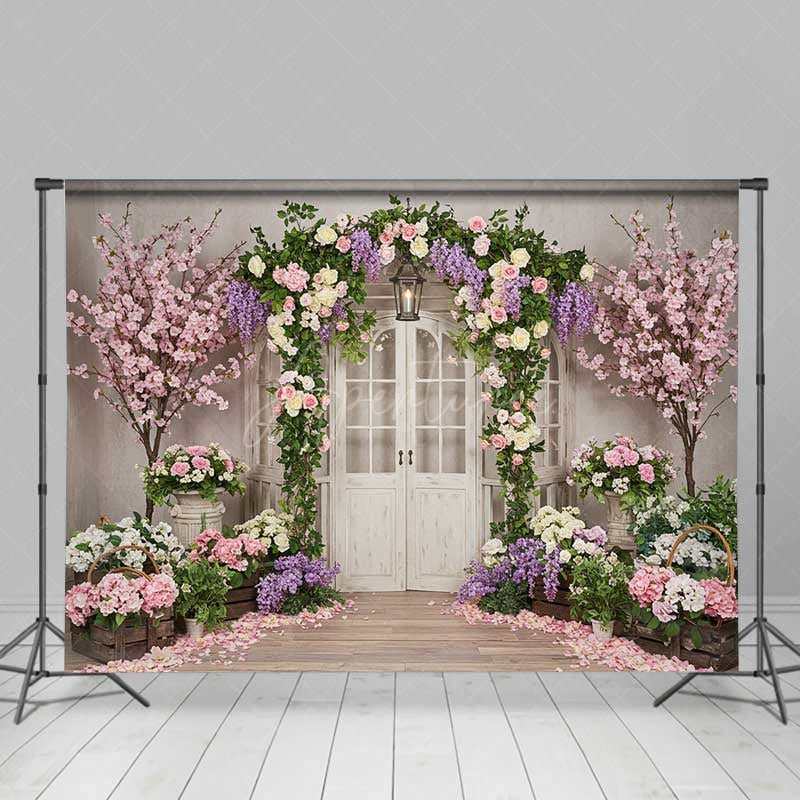 Aperturee Aperturee Enchanted Garden Doorway Photography Backdrop Spring Floral Arch with Pink Roses Wedding or Bridal Shower Photo Prop