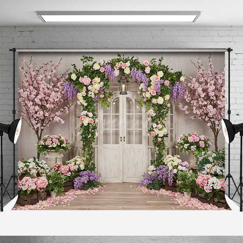 Aperturee Aperturee Enchanted Garden Doorway Photography Backdrop Spring Floral Arch with Pink Roses Wedding or Bridal Shower Photo Prop