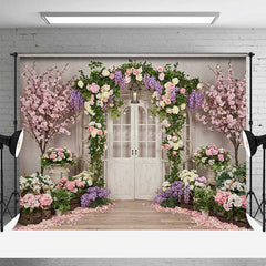 Aperturee Aperturee Enchanted Garden Doorway Photography Backdrop Spring Floral Arch with Pink Roses Wedding or Bridal Shower Photo Prop