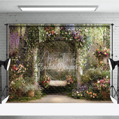 Aperturee - Aperturee Enchanted Garden Floral Archway Photography Backdrop with Rustic Swing and Lush Wisteria Dreamy Portrait Decor
