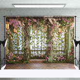 Aperturee - Aperturee Enchanted Garden Floral Photography Backdrop with Greenery and Lanterns Romantic Wedding Party Portrait Decor