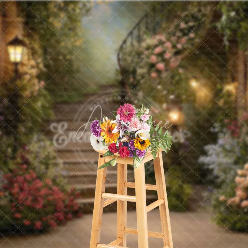 Aperturee - Aperturee Enchanted Garden Floral Staircase Photography Backdrop Blooming Flowers and Warm Lanterns Romantic Fairytale Setting.