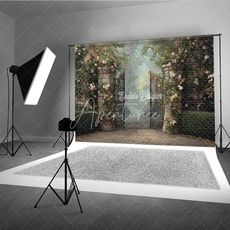 Aperturee - Aperturee Enchanted Garden Gate Backdrop Cobblestone Path with Iron Gate Pink Rose Floral Photography Background Prop