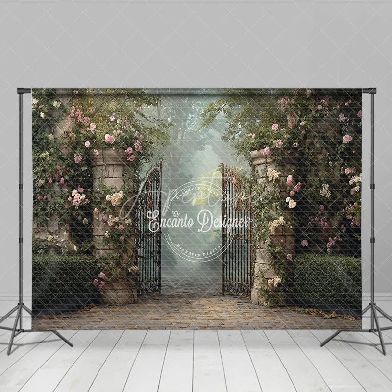 Aperturee - Aperturee Enchanted Garden Gate Backdrop Cobblestone Path with Iron Gate Pink Rose Floral Photography Background Prop
