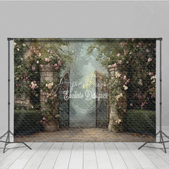 Aperturee - Aperturee Enchanted Garden Gate Backdrop Cobblestone Path with Iron Gate Pink Rose Floral Photography Background Prop