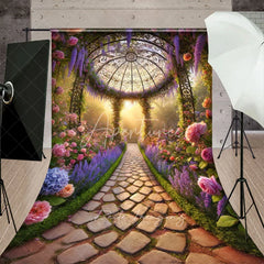 Aperturee - Aperturee Enchanted Garden Gazebo Backdrop Rose and Lavender Path with Sunlit Stone Romantic Summer Photography
