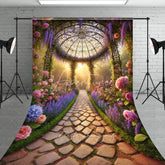 Aperturee - Aperturee Enchanted Garden Gazebo Backdrop Rose and Lavender Path with Sunlit Stone Romantic Summer Photography