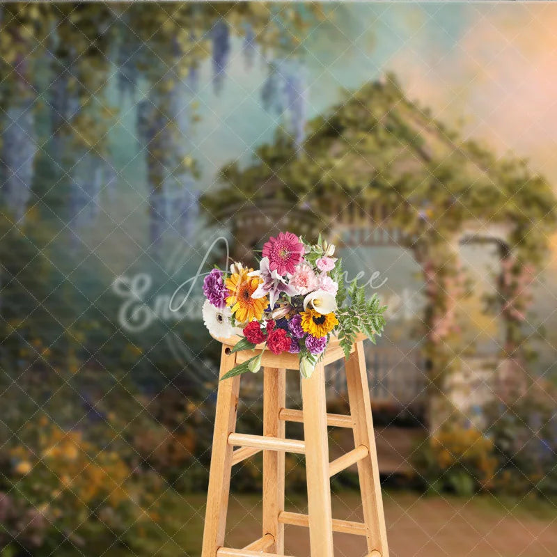 Aperturee - Aperturee Enchanted Garden Gazebo Photography Backdrop with Lush Wisteria and Colorful Spring Flowers Romantic Fairytale Scene