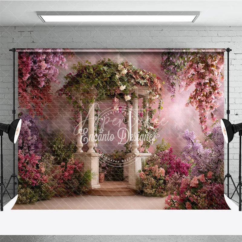 Aperturee - Aperturee Enchanted Garden Gazebo Photography Backdrop with Pink and Purple Wisteria Flowers Spring Summer Theme for Portraits