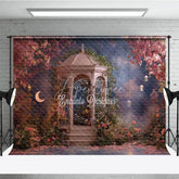 Aperturee - Aperturee Enchanted Garden Gazebo Photography Backdrop with Pink Flowers Crescent Moon and Lanterns Romantic Fairy Tale