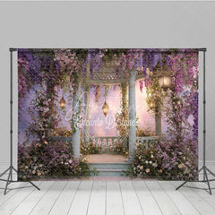 Aperturee - Aperturee Enchanted Garden Gazebo Photography Backdrop with Wisteria and Pink Flowers Dreamy Pastel Sky