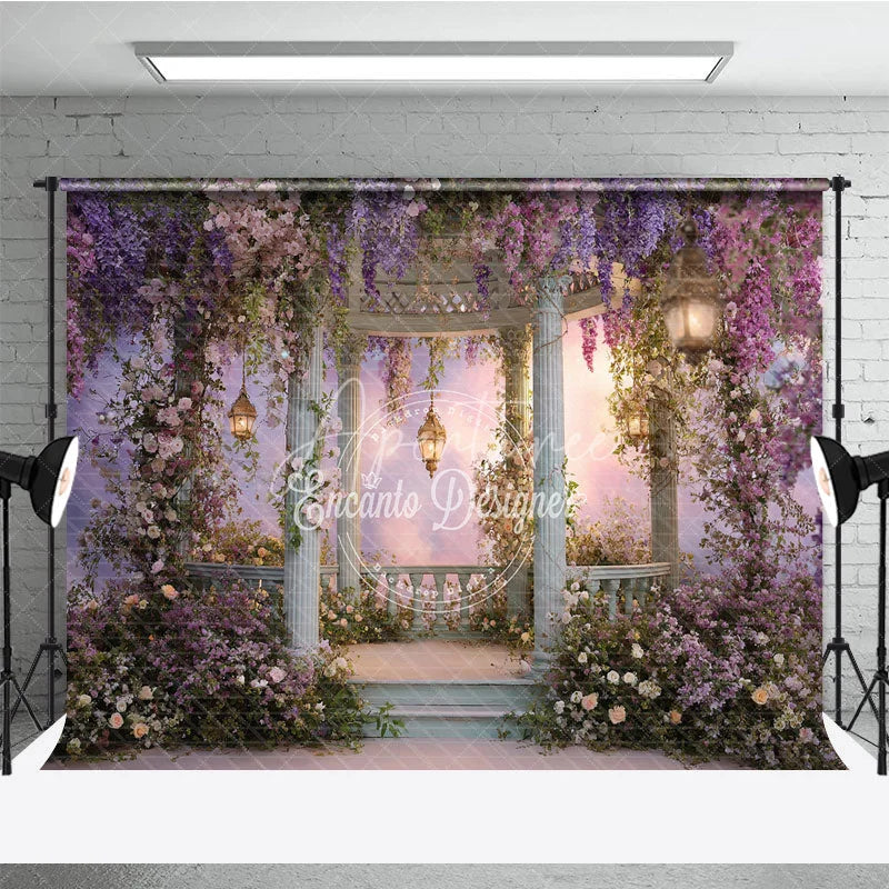 Aperturee - Aperturee Enchanted Garden Gazebo Photography Backdrop with Wisteria and Pink Flowers Dreamy Pastel Sky