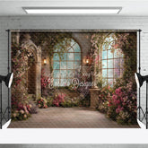 Aperturee - Aperturee Enchanted Garden Photography Backdrop with Arched Windows Blooming Pink Flowers Green Vines Elegant Stone Architecture