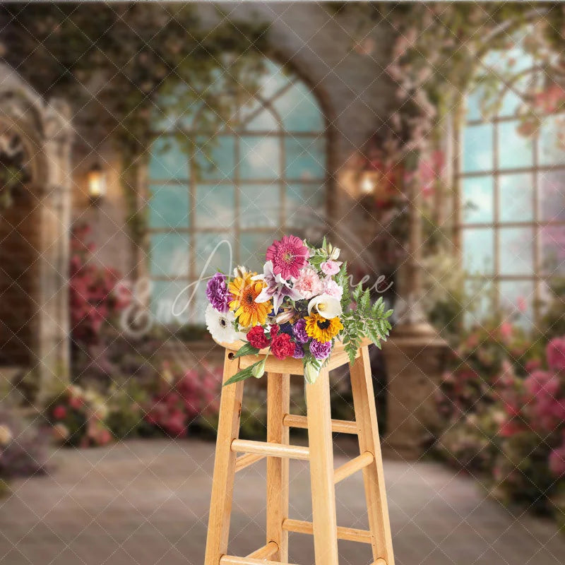 Aperturee - Aperturee Enchanted Garden Photography Backdrop with Arched Windows Blooming Pink Flowers Green Vines Elegant Stone Architecture